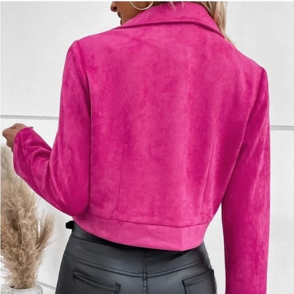 Luxe Hot Pink Zipper Vegan Suede Moto Biker Jacket - Picture 4 of 11